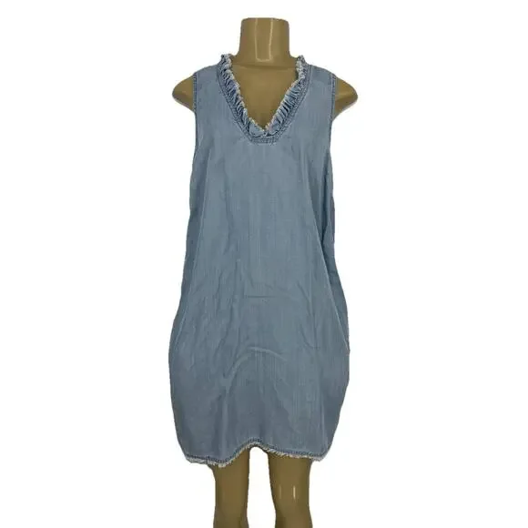 Tommy Bahama Medium Women Chambray Ruffle V Neck Sleeveless Frayed Hem Dress F33 - Picture 1 of 10